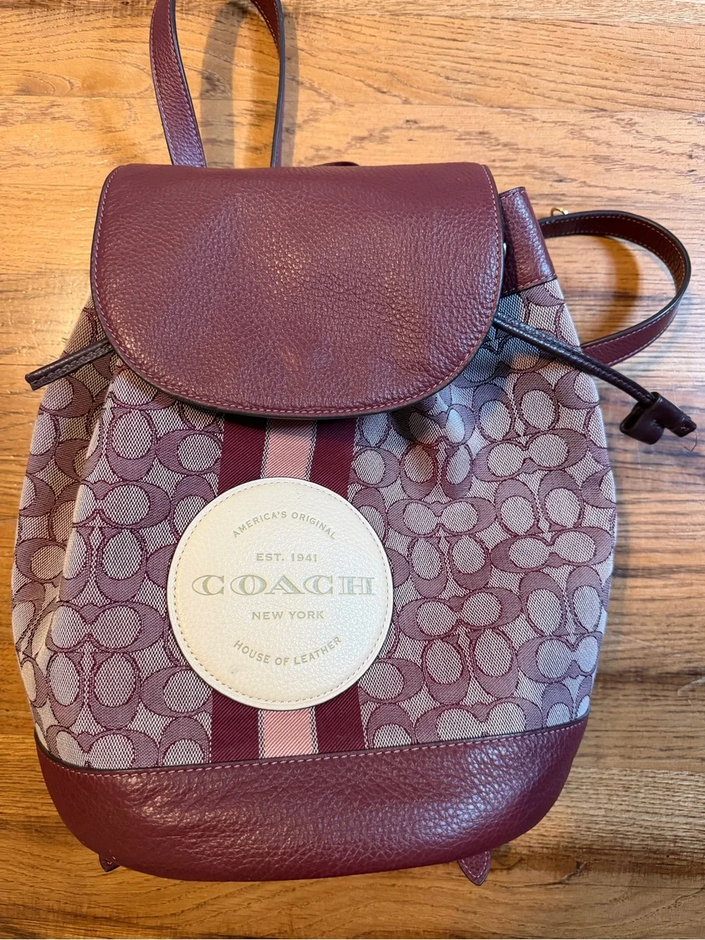 Coach Burgundy Signature Logo Canvas Backpack with Pink Stripe